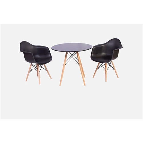 Conjunto Mesa Eiffel Preta 90Cm + 2 Cadeiras Charles Eames Wood - Daw - com Braços - Design - Preta