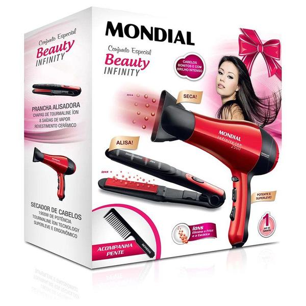 Conjunto Mondial Especilal Beauty Infinity Kt-44- Secador + Prancha Alisadora - Vermelho- 220v