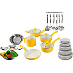 Conjunto Panela de Revestimento Cerâmico Colors 5 Peças Amarela + Potes 5 Peças + Tigelas 5 Peças + Conjunto Utensílios Inox 7 Peças + Escorredor de Arroz 26cm - La Cuisine