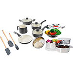 Conjunto Panela de Revestimento Cerâmico Colors 5 Peças Cinza + Potes 3 Peças + Tigelas 5 Peças + Conjunto Espátulas 3 Peças + Escorredor de Arroz - La Cuisine