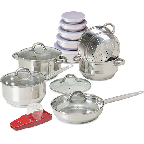 Conjunto Panelas Inox 5 Peças + Conjunto Potes 5 Peças + Cortador de Frutas e Legumes Vermelho - La Cuisine