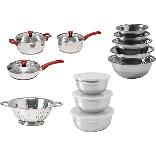 Conjunto Panelas Inox 3 Peças + Tigela 5 Peças + Potes 3 Peças + Escorredor de Massa - La Cuisine