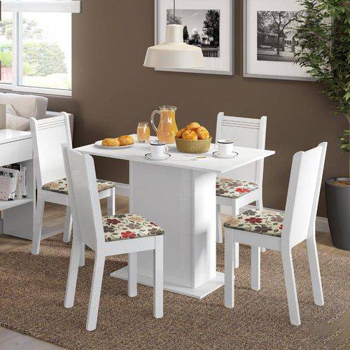 Conjunto Mesa de Jantar e 4 Cadeiras Branco-Hibiscos Lexy Madesa