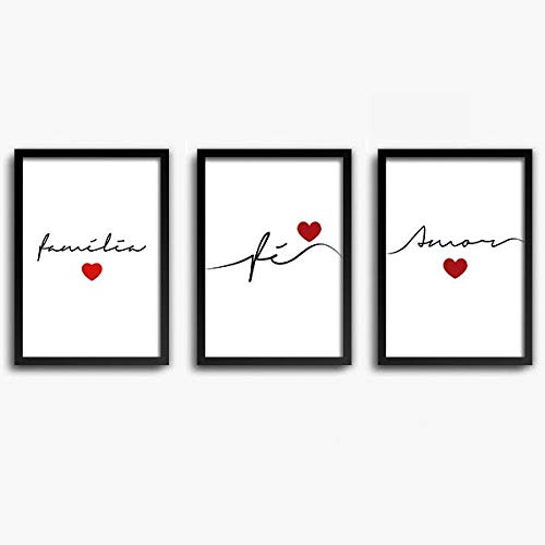 Conjunto Quadros Decorativos Fé Amor Família com Vidro A4