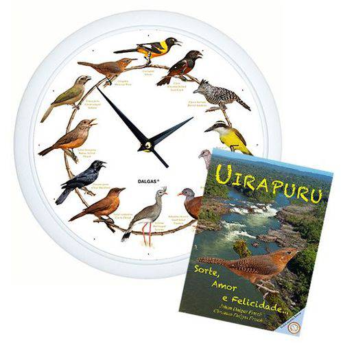 Conjunto Relógio de Parede com Sons de Pássaros com Borda na Cor Branca (Adendo Sonoro) e Livro Uira