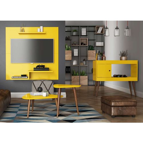 Conjunto Sala Aparador Brilhante / Mesa de Centro e Apoio Valentina e Painel Jet PLus - Amarelo