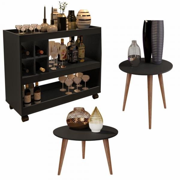 Conjunto Sala com Aparador Adega 4050 / Mesa de Centro e Lateral Cissa - Preto - Rpm Móveis