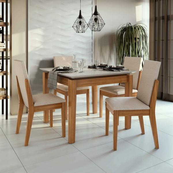 Conjunto Sala de Jantar 4 Cadeiras Móveis Lopas Rovere Naturale/Linho Rinzai Bege