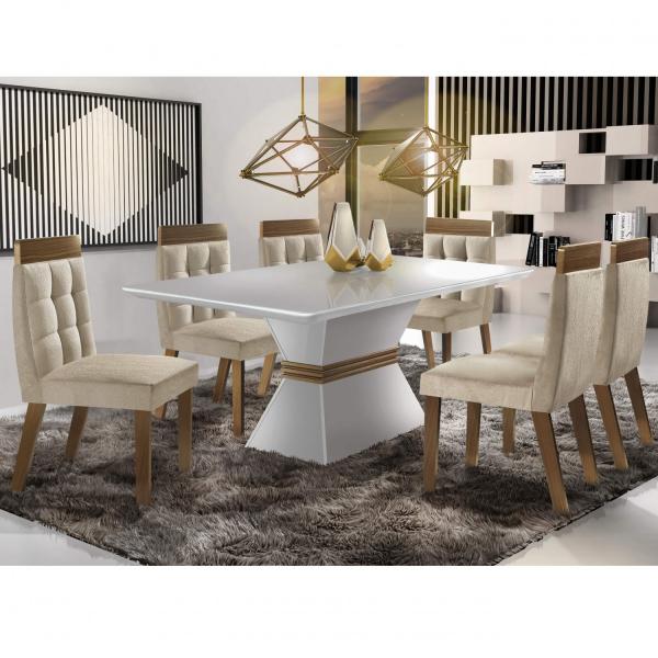 Conjunto Sala de Jantar 6 Cadeiras Cronos Chanfro Siena Móveis Branco/Castanho