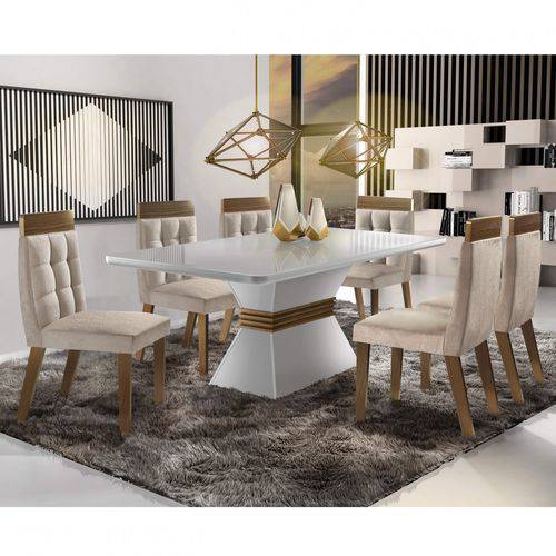 Conjunto Sala de Jantar 6 Cadeiras Cronos Siena Móveis Branco/Castanho