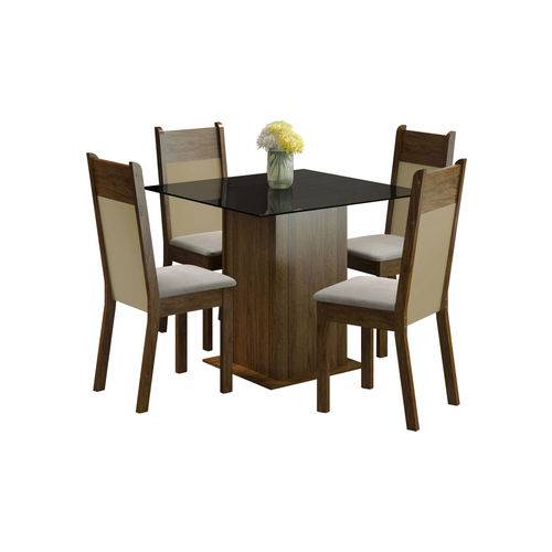 Conjunto Sala de Jantar Madesa Mesa com Tampo de Vidro e 4 Cadeiras Miami - Rustic/ Pérola