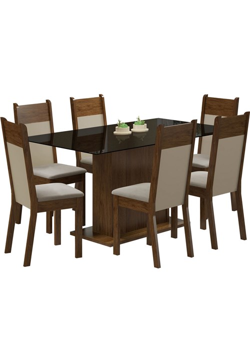 Conjunto Sala de Jantar Madesa Mesa com Tampo de Vidro e 6 Cadeiras Atlanta - Rustic/ Pérola