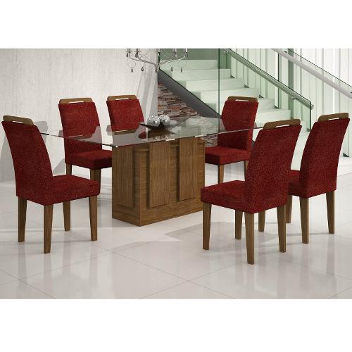 Conjunto Sala de Jantar Mesa Amsterdã 1,60m e 6 Cadeiras Athenas Rufato Ypê/Floral Vinho