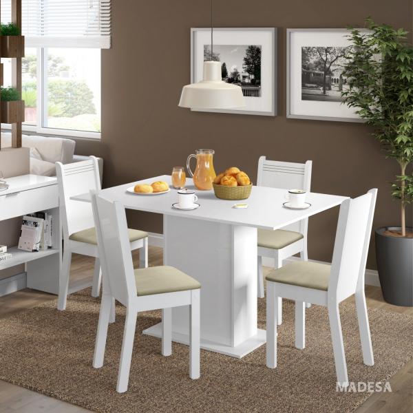 Conjunto Sala de Jantar Mesa e 4 Cadeiras Lexy Madesa Branco/Pérola