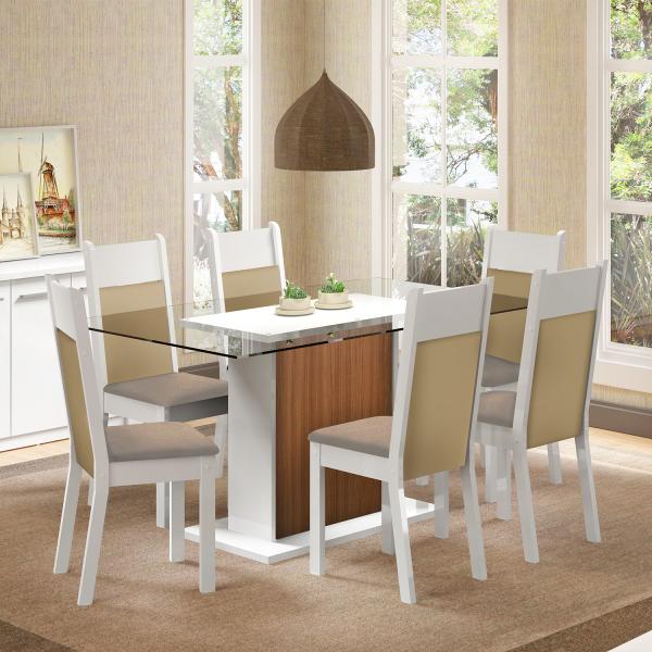 Conjunto Sala de Jantar Mesa e 6 Cadeiras Atlanta Madesa Branco/Pérola/Capri/Crema