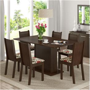 Conjunto Sala de Jantar Mesa e 6 Cadeiras Megan Madesa - Tabaco/ Floral Hibiscos