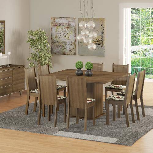 Conjunto Sala de Jantar Mesa e 8 Cadeiras Madesa Clarice Rustic/ Floral Hibiscos