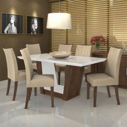 Conjunto Sala de Jantar Mesa Tampo MDF/Vidro 6 Cadeiras Apogeu VI Móveis Lopas Imbuia/Naturale