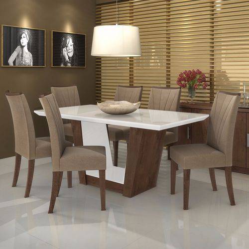 Conjunto Sala de Jantar Mesa Tampo Mdf/vidro Branco 6 Cadeiras Apogeu Móveis Lopas Imbuia