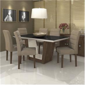 Conjunto Sala de Jantar Mesa Tampo MDF/Vidro Branco Preto Apogeu 6 Cadeiras Fiorella Móveis Lopas - Bege