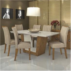Conjunto Sala de Jantar Mesa Tampo MDF/Vidro Off White 180cm 6 Cadeiras Apogeu Móveis Lopas - Bege Claro