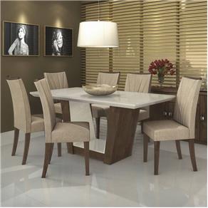 Conjunto Sala de Jantar Mesa Tampo MDF/Vidro Off White 180cm 6 Cadeiras Apogeu Móveis Lopas