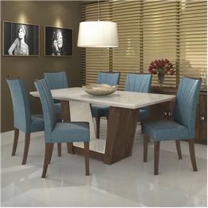 Conjunto Sala de Jantar Mesa Tampo MDF/Vidro Off White 180cm 6 Cadeiras Apogeu Móveis Lopas