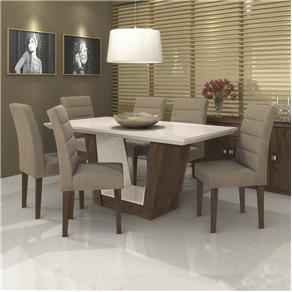 Conjunto Sala de Jantar Mesa Tampo MDF/Vidro Off White 180cm Apogeu 6 Cadeiras Fiorella Móveis Lopas