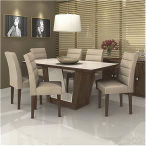 Conjunto Sala de Jantar Mesa Tampo MDF/Vidro Off White Apogeu 6 Cadeiras Fiorella Móveis Lopas