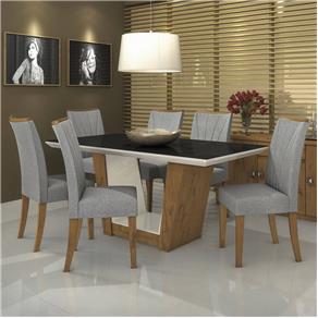 Conjunto Sala de Jantar Mesa Tampo MDF/Vidro Off White e Preto 6 Cadeiras Apogeu Móveis Lopas - Cinza