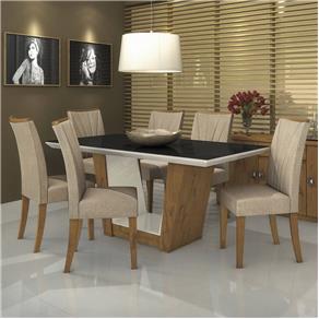 Conjunto Sala de Jantar Mesa Tampo MDF/Vidro Off White e Preto 6 Cadeiras Apogeu Móveis Lopas - Marrom Chocolate