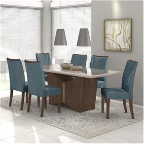 Conjunto Sala de Jantar Mesa Vidro Off White Rock 6 Cadeiras Apogeu Móveis Lopas Imbuia Soft/Off White/Linho Rinzai Azul