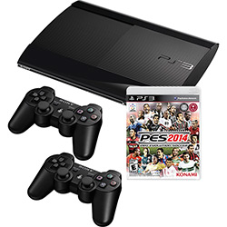 Console PlayStation 3 250GB + Game Pro Evolution Soccer 2014 + 2 Controles Dualshock 3 Preto Sem Fio