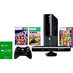 Console XBOX 360 250GB + Kinect Sensor + Game Kinect Adventures + Game Dance Central 3 + Game Forza Horizon (Via Download) + Controle Sem Fio - Oficial Microsoft