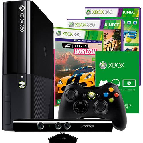 Console XBOX 360 250GB + Kinect Sensor + 3 Jogos + 1 Mês de Live Gold Grátis + 1 Controle Sem Fio - Novo Design e Bivolt