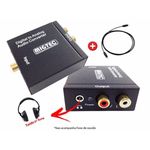 Conversor Áudio Óptico Coaxial para Analógico Rca + Saída P2 + Cabo Óptico de 2 Mts