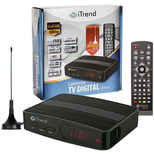 Tudo sobre 'Conversor de Tv Itrend para Sinal Digital Full HD com Kit Antena Preto'