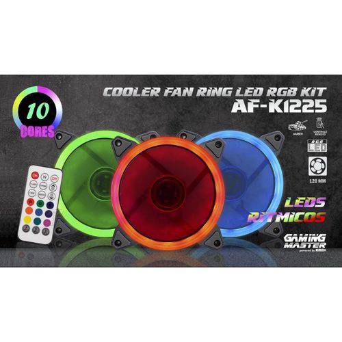 3 Cooler Fan 120mm RGB Ring LED Conforme Música com Controle Remoto Kmex AF-K1225