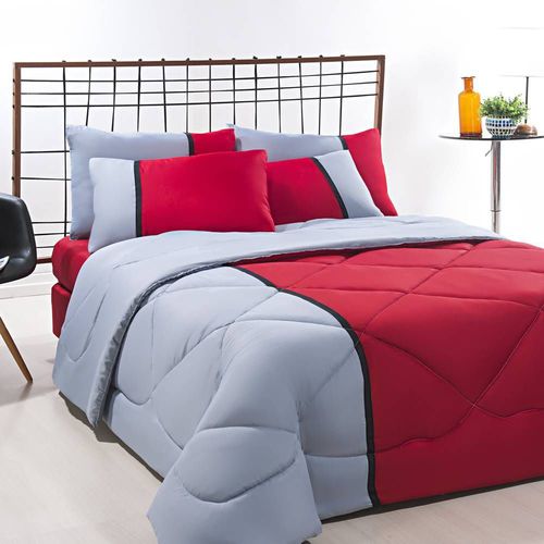 Coordenado Edredom + Jogo de Cama Queen Aconchego Premium 06 Peças - Vermelho/ Cinza