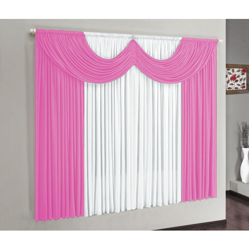 Cortina Paris com Bando Decorativo em Tecido Malha Rosa com Branco 2,00m X 1,70m