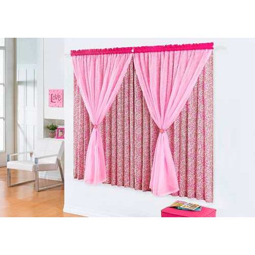 Cortina Quarto Infantil Menina Rosa Estampada 2,00x1,60 Voal