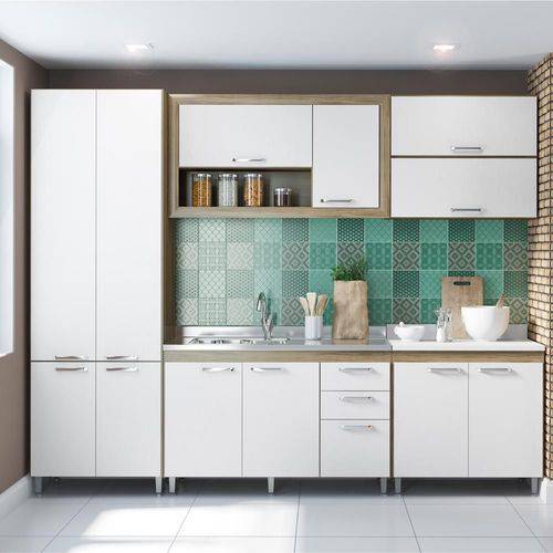 Cozinha Compacta 12 Portas Balcão Tampo Branco 5718 Branco/Argila
