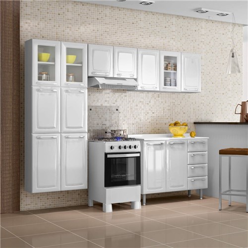 Cozinha Compacta 4 Peças 13 Portas 3 de Vidro e Balcão com Tampo e 4 Gavetas Criativa Itatiaia Branco