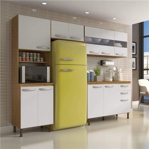 Cozinha Compacta 4 Peças Balcão com Tampo 3 Portas de Vidro Lara Siena Móveis Sinai/Branco