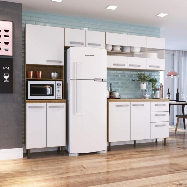 Cozinha Compacta 4 Peças Balcão com Tampo 3 Portas de Vidro Priscila Capuccino Móveis Sinai/Branco