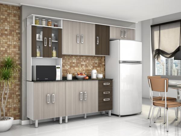 Cozinha Compacta 4 Peças com Tampo Suíça - Branco/Rovere/Amêndoa - Poliman