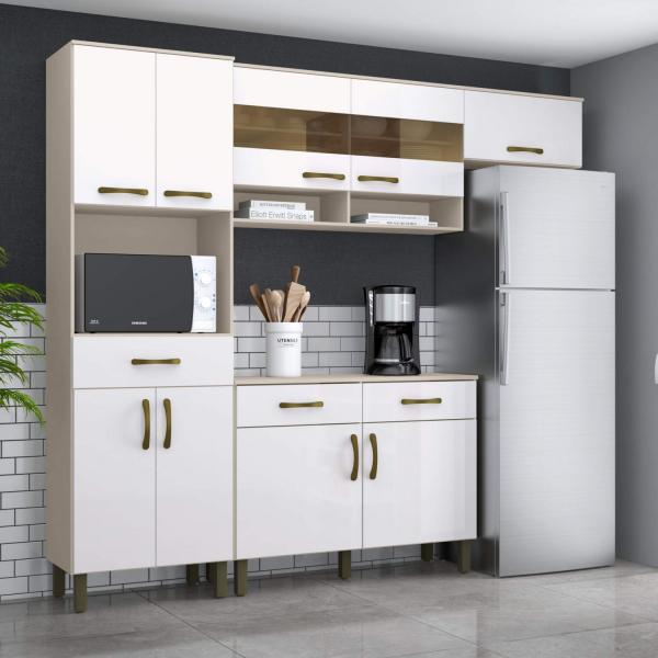 Cozinha Compacta 4 Peças 2 Portas de Vidro Balcão com Tampo Amy Siena Móveis Cristal/branco
