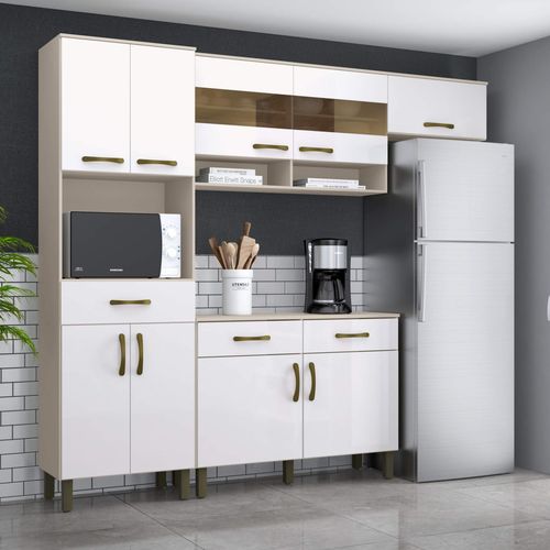 Cozinha Compacta 4 Peças 2 Portas de Vidro Balcão com Tampo Amy Siena Móveis Cristal/Branco