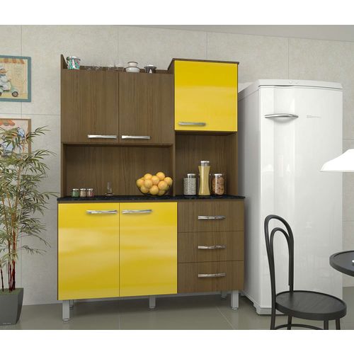 Cozinha Compacta 5 Portas e 3 Gavetas Cris Ipê / Amarelo Luciane