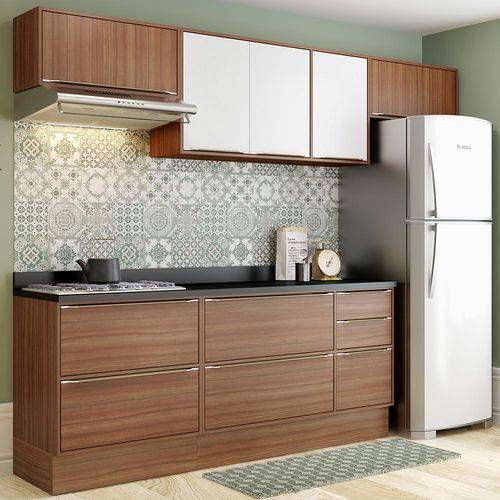 Cozinha Compacta 8 Portas com Tampo e Rodapé 5456r Nogueira/Branco